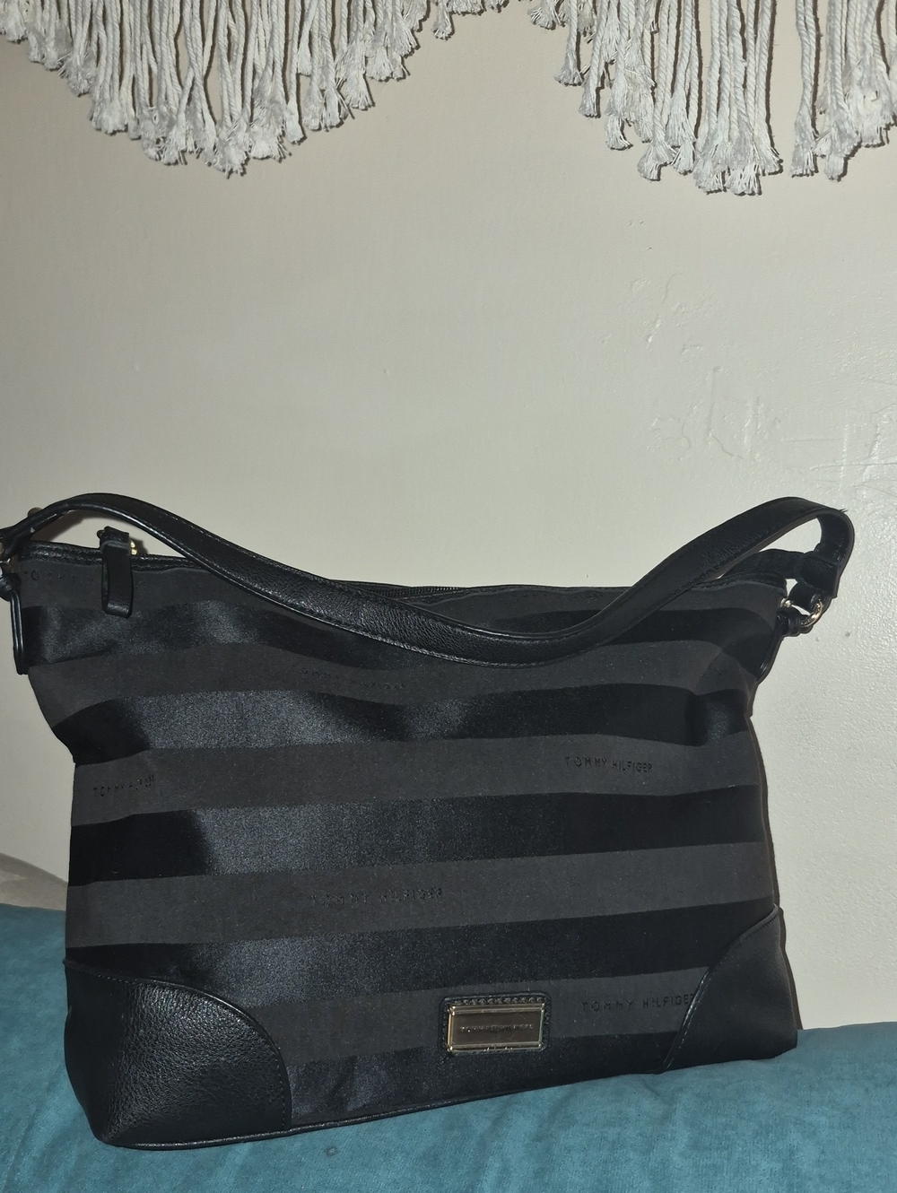 Tommy Hilfiger Black Vegan Leather Stripe Shoulder Hobo Slouch Bag